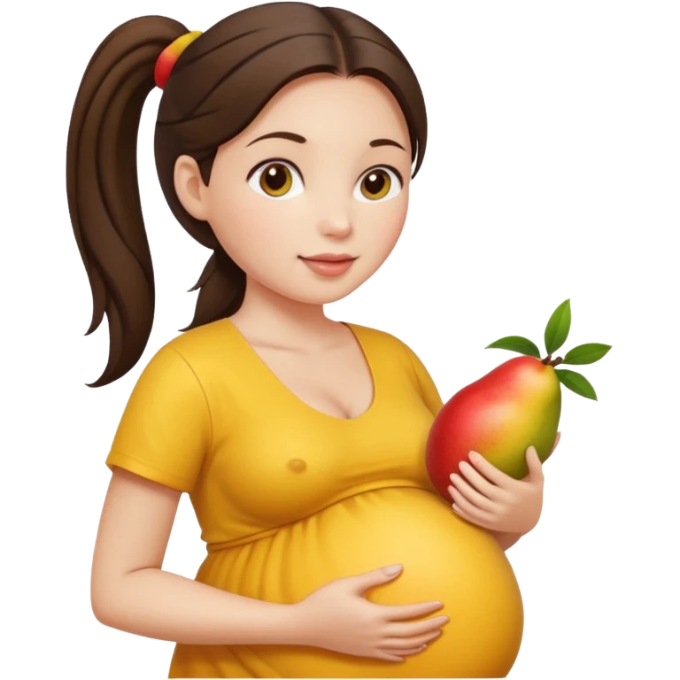 Brunette ponytail pregnant woman holding mango emoji