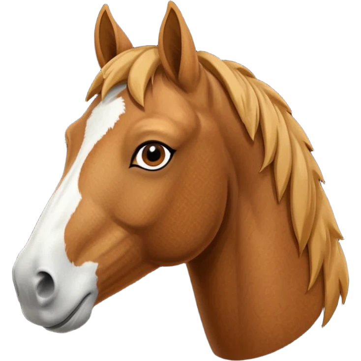 Head of a sorrel horse with a wide white blaze from his forehead, under his forelock, running down his face and under his muzzle, facing forward. emoji