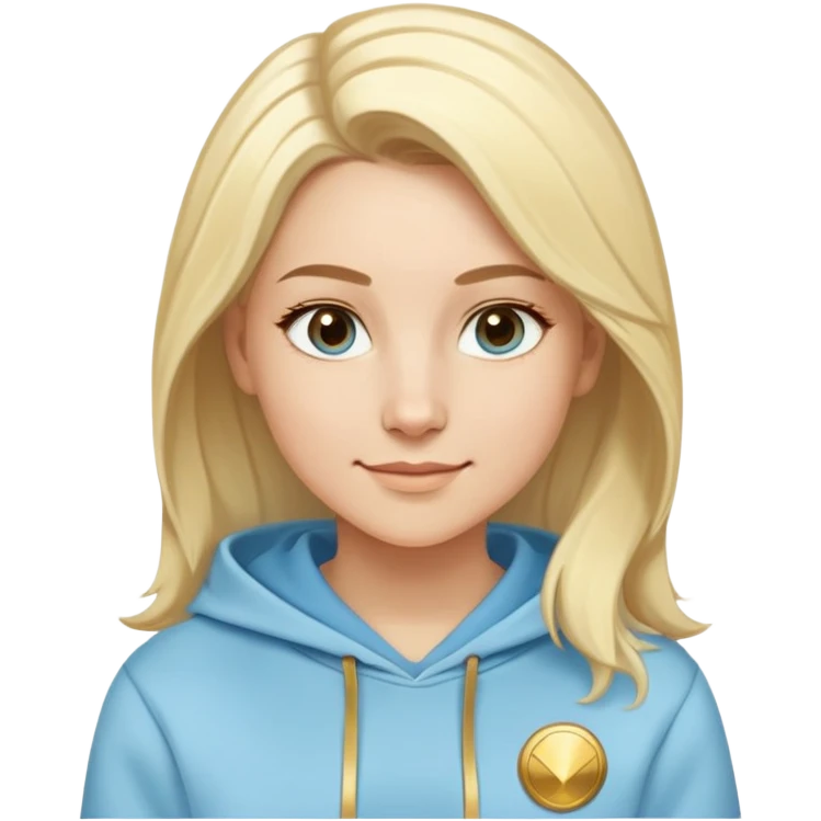 Caucasian female with oval face, light blonde hair with side part, serene smile, light blue sporty hoodie with gold and white fantasy details emoji