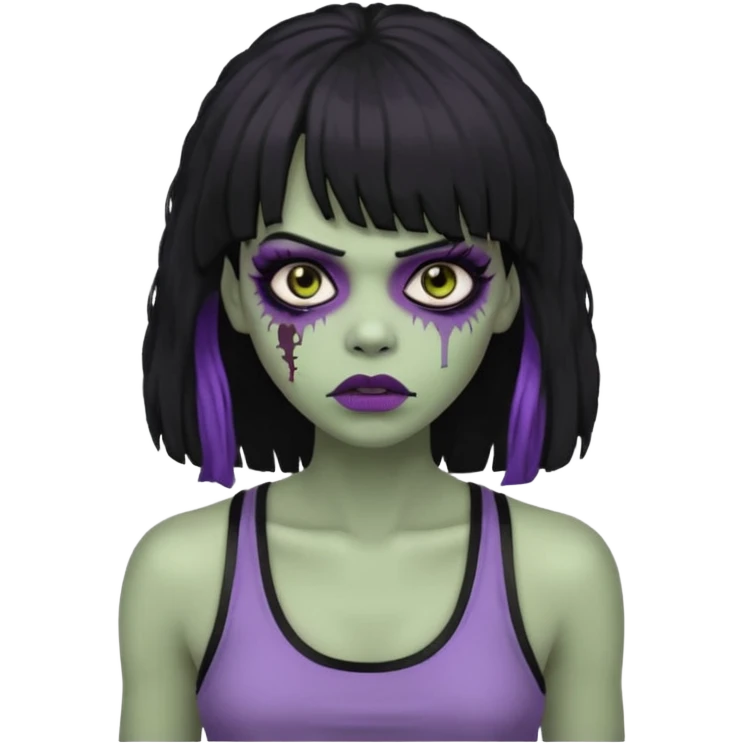 a female zombie with sage green skin, black long afro afro hair with bangs, and a black tank top  emoji