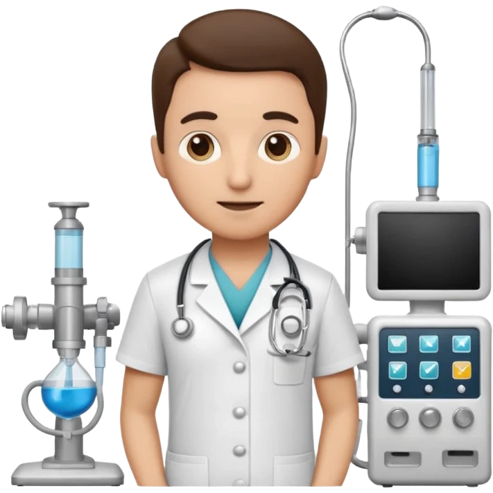 doctor character standing next to anesthesia machine, stethoscope, friendly expression, emoji style emoji