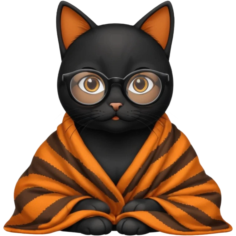 Black female cat on computer, long eyelashes, straight black hair, round glasses and she wears a blanket with an orange pattern emoji