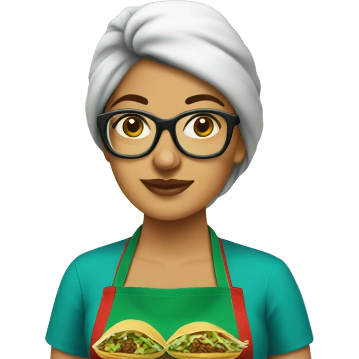 mexican lady green apron  with glasses cooking tacos emoji