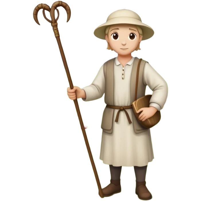 An emoji-style depiction of a shepherd. A person wearing simple, traditional clothing, holding a wooden staff (crook), standing near sheep or leading them. Often outdoors, in a field or hillside setting, symbolizing care, guidance, and rural life emoji