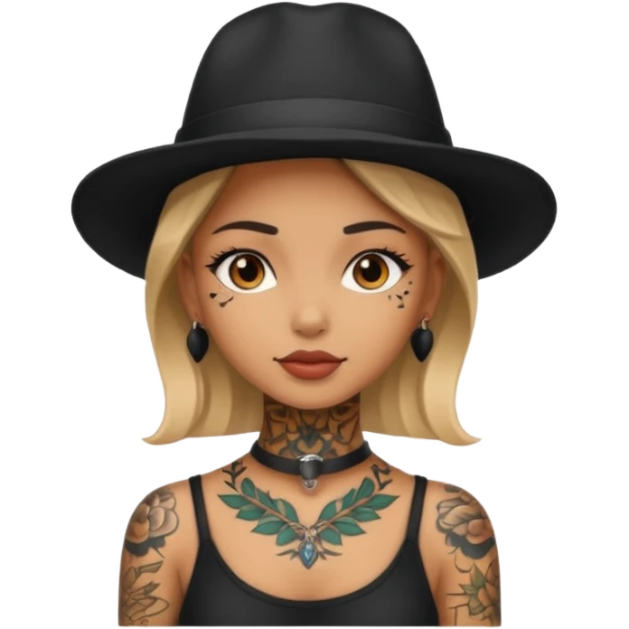 girl have tattoo on her full neck and full body with black hat emoji