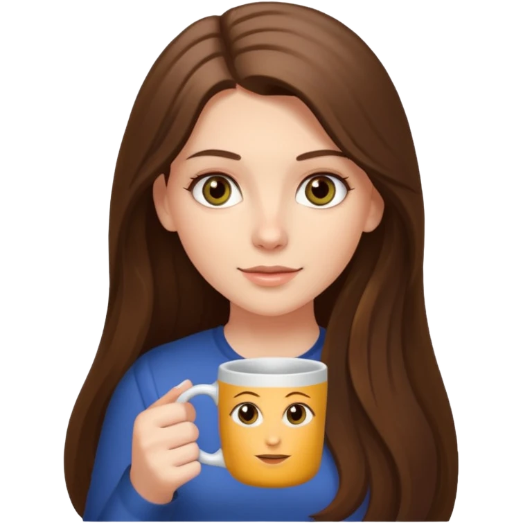 white long brunette hair girl with hazel eyes reading with a mug emoji