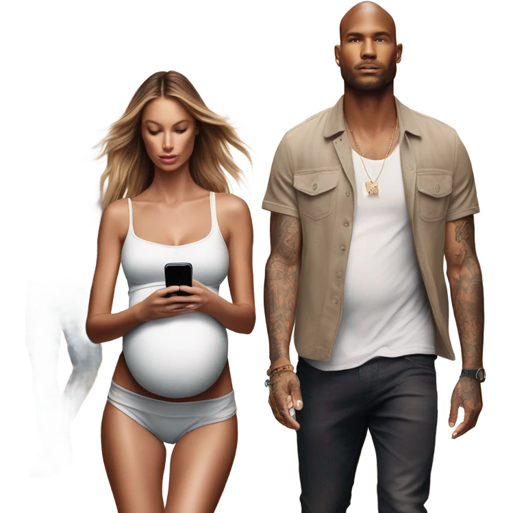 Photo of a Victoria secret model pregnant walking next to a tattooed male model on their cell phones emoji