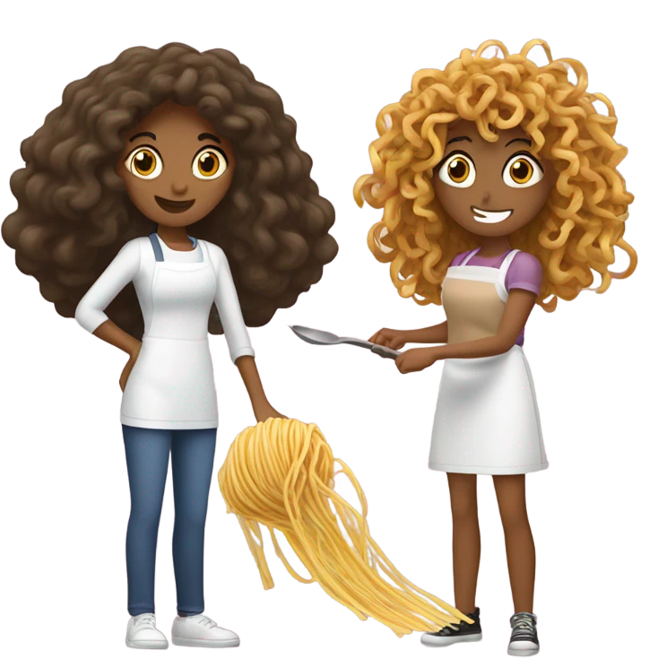 Spaghetti cooking battle teenage girl with curly hair, adult woman with slightly wavy hair  emoji