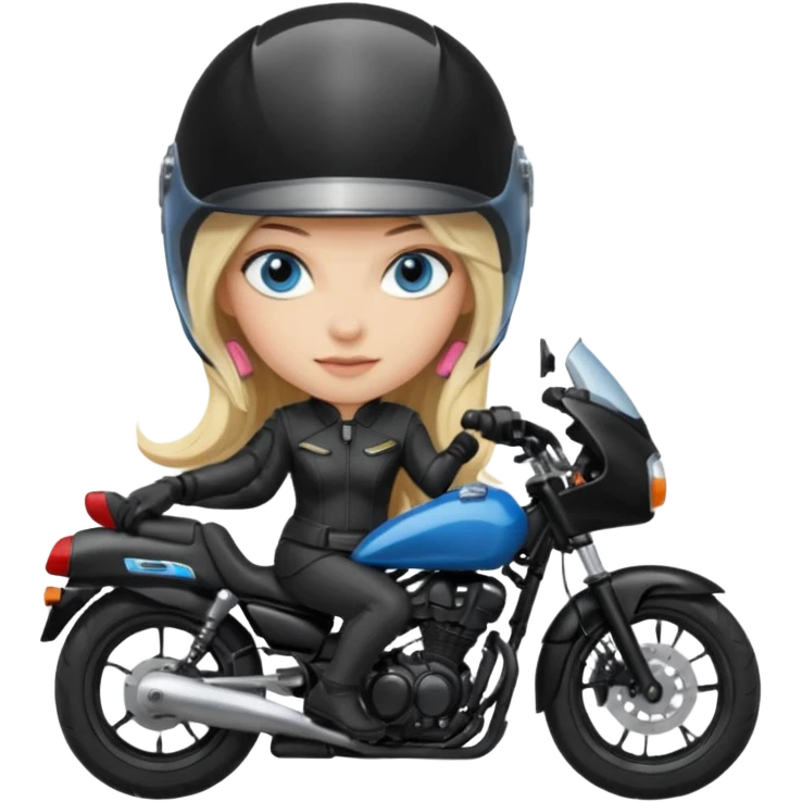 moça cabelo comprido loira de olho azul de capacete em uma moto honda preta  emoji