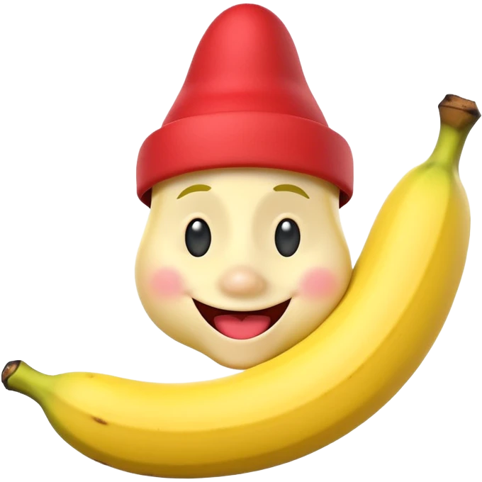 A 3D cartoon banana with a red nose and tiny hat, smiling face, playful pose, Memoji-style. emoji