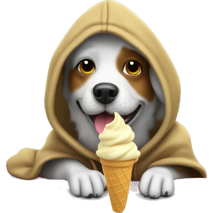 Dog wearing a hoodie with a top hat eating ice cream on a surfboard emoji