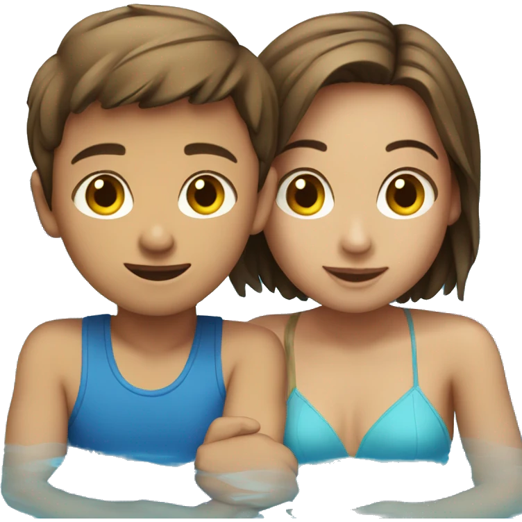boy short brown hair and girl sitting in a pool with water emoji