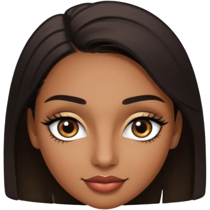 Dark olive skin, center rised eyebrows, very light smile so that lips are very close to liner and horizontal, some how liner eyes emoji