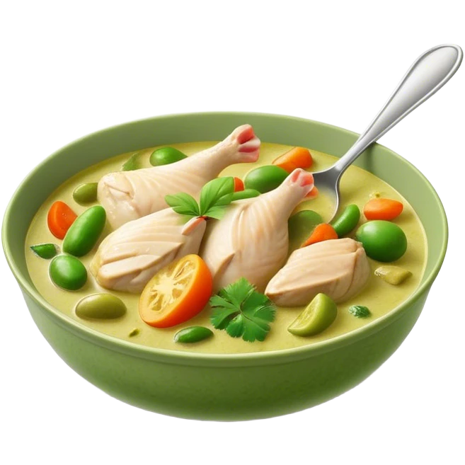 Cinematic Realistic Green Chicken Curry Dish Emoji, depicted with tender chicken simmered in a fragrant green curry sauce with vegetables rendered with rich textures and dynamic, vibrant lighting. emoji