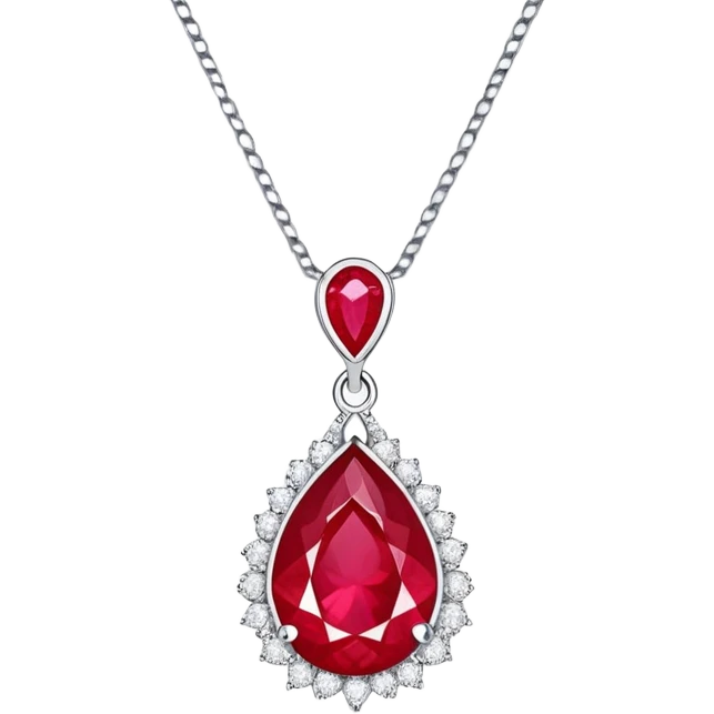 teardrop ruby pendant on silver chain, surrounded by white stones and radiant aura emoji