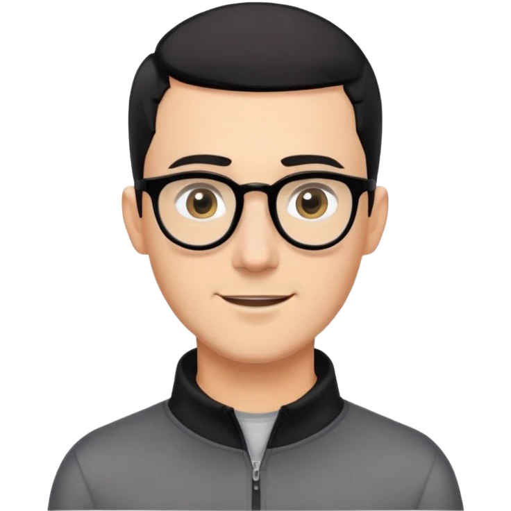 Caucasian man with black hair cut extremely short (almost buzz cut), short beard with gray streaks, large black eyeglasses, cheerful expression, black long sleeve shirt with quarter zip collar emoji