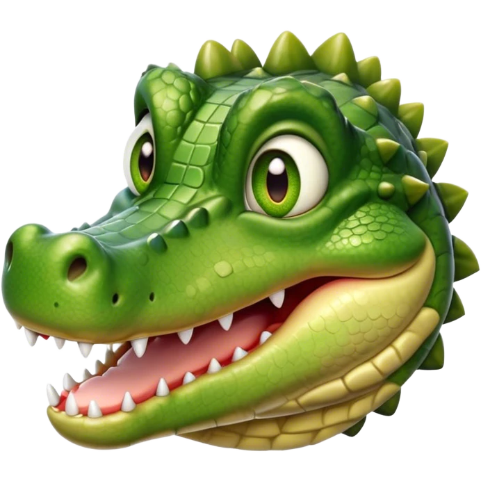 Cinematic Realistic Cute Crocodile Portrait Emoji, Head tilted playfully and inquisitively, featuring a robust, well-defined build with intricately detailed, glossy olive-green scales and a surprisingly endearing face with round, sparkling eyes full of unexpected charm, rendered with lifelike texture and natural highlights, high shine, affectionate and spirited, styled with a touch of wild whimsy, soft glowing outline, capturing the essence of a mischievous yet lovable crocodile that seems poised to snap playfully out of the screen into your arms! emoji