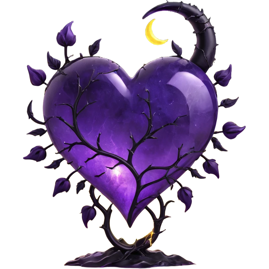 gothic heart made of purple glass with a crescent moon behind the heart, black rose petals falling, glowing stardust, forked lightning, stormy rain, fractured cracked glass texture emoji