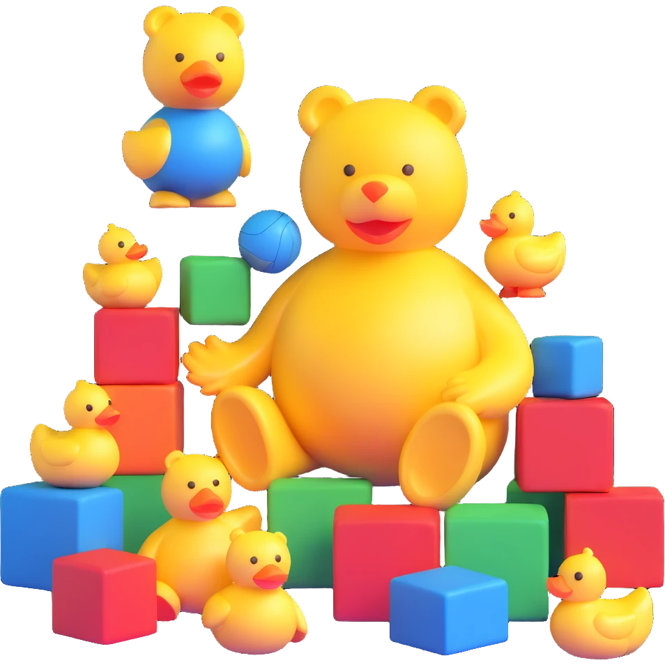 colorful scattered toys - teddy bear, rubber duck, blocks, ball, superhero figures emoji