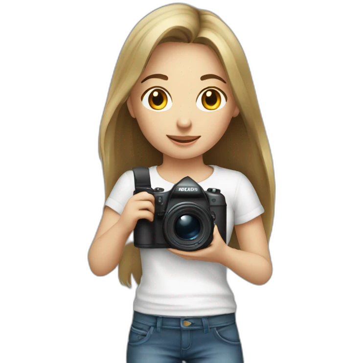 young very dark blond hair girl with camera and white T-shirt emoji