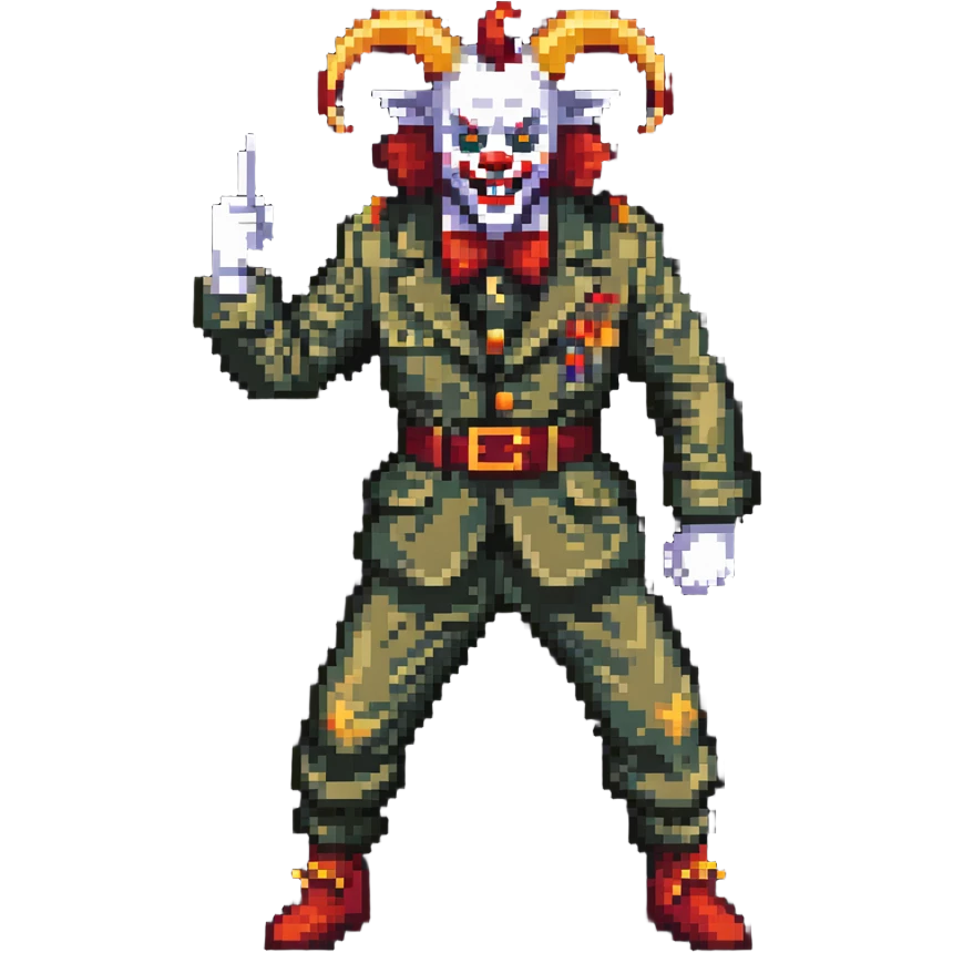 evil clown soldier with billy goat horns, fangs, pointed ears, leisure suit, fighting stance emoji