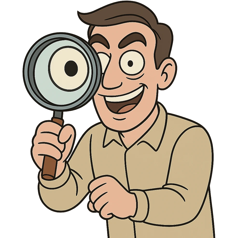 man with large magnifying glass, arched eyebrows, wide smile, comic style emoji