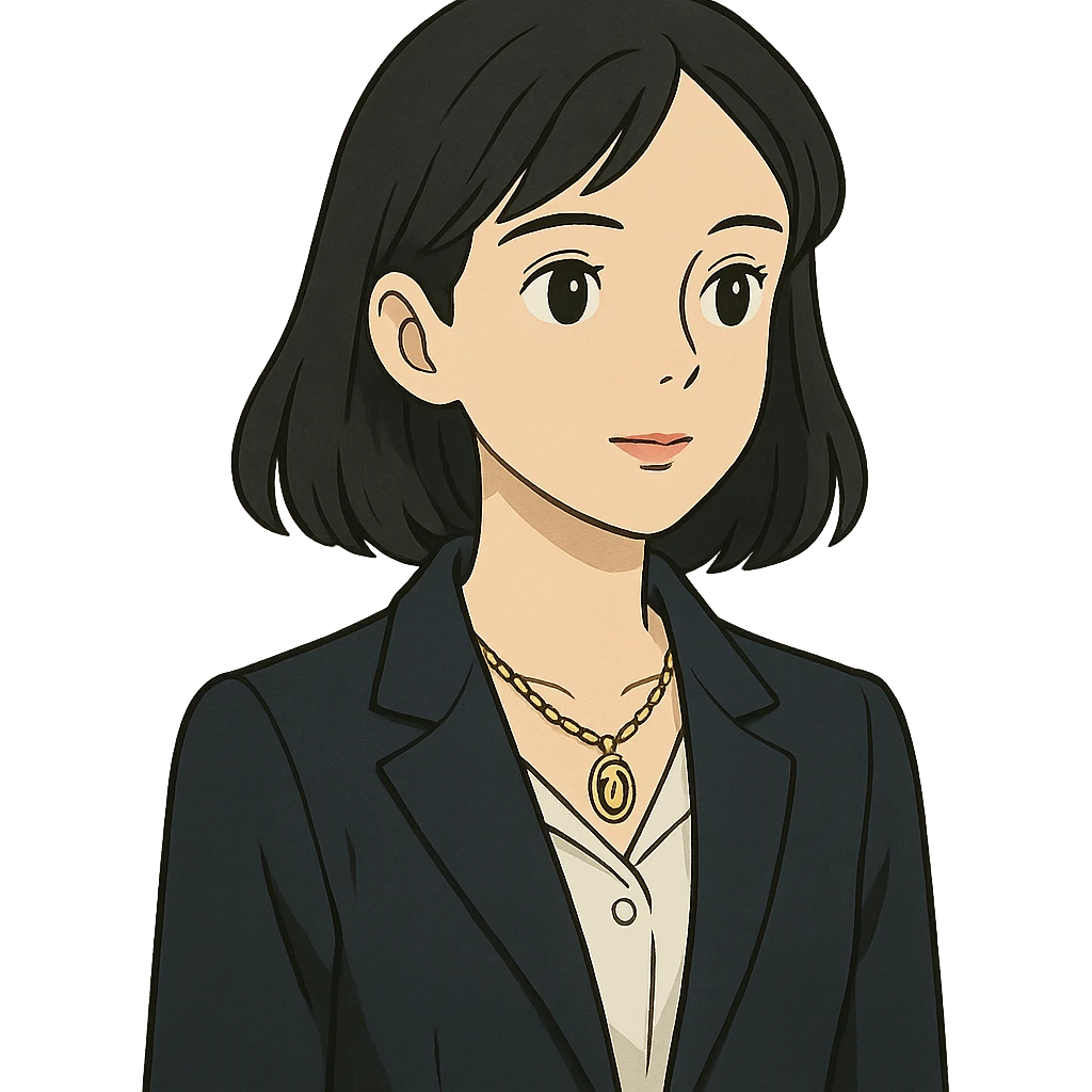 ghibli style college girl with black hair, white skin, wearing a Cartier necklace, old money luxury vibe emoji