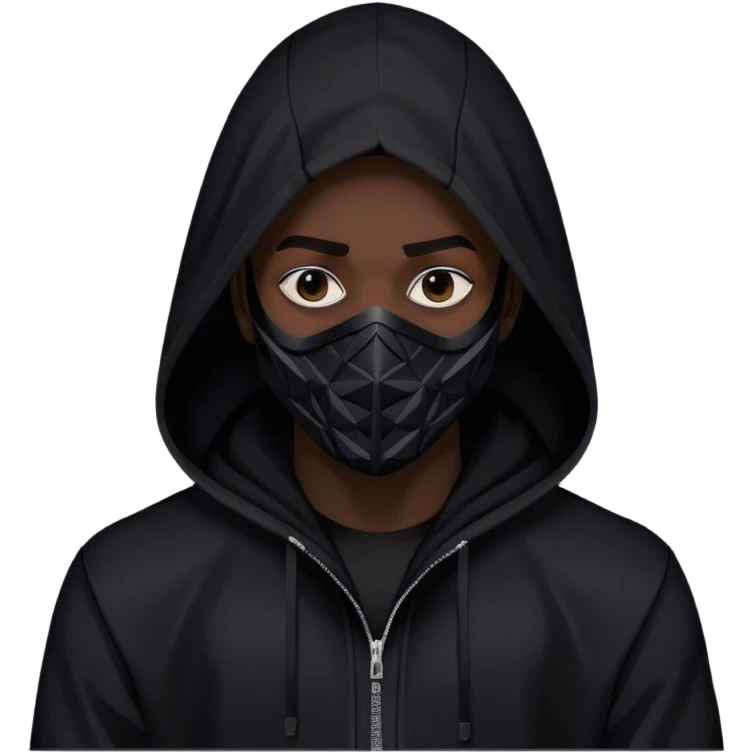 man with black hooded jacket and a full black full-face geometric mask with only black emoji