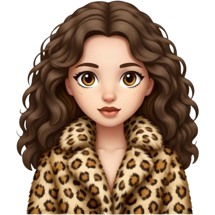 Brunette girl with long wavy hair in fluffy leopard fur coat  emoji