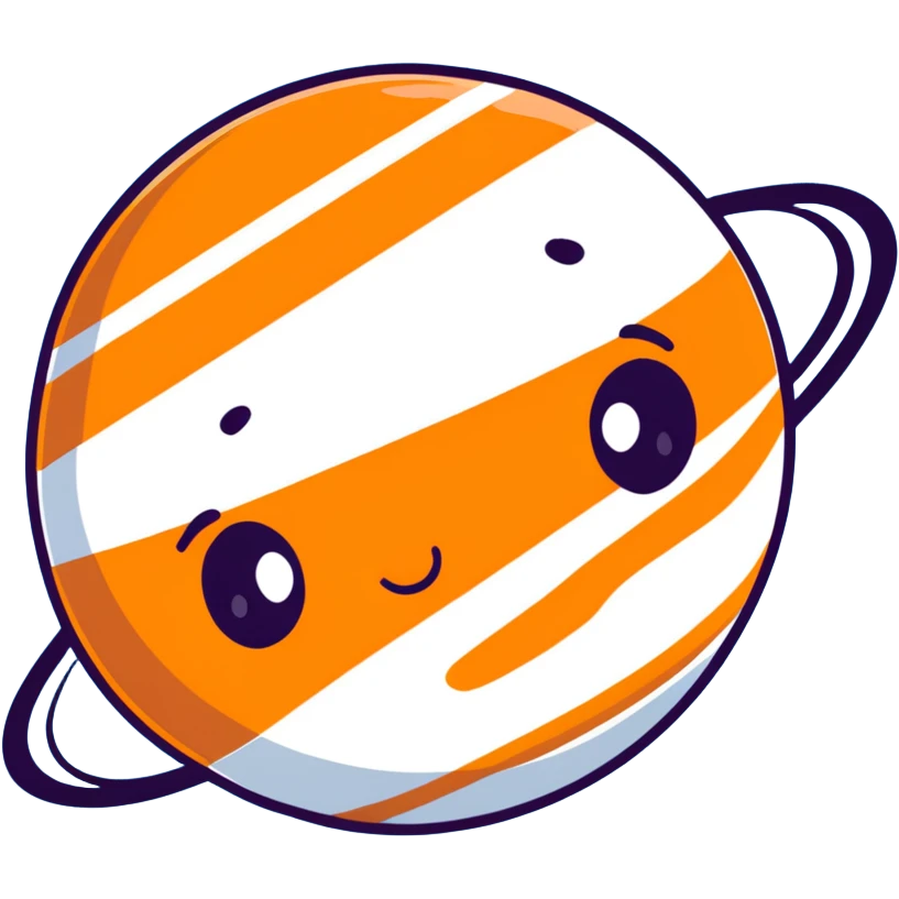Jupiter planet with distinctive orange and white bands and a cute sad face emoji