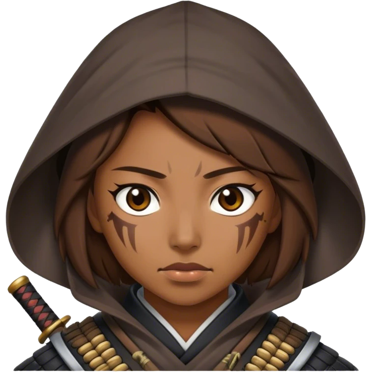  a brown hair female samurai warrior with a hood and scars  emoji
