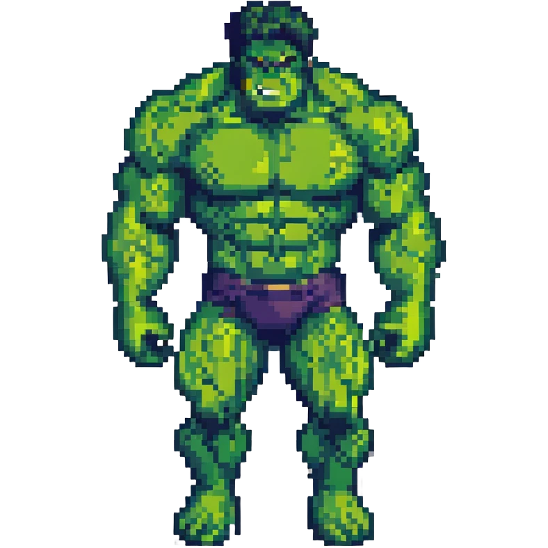 Hulk, muscular green superhero, pixel art style emoji
