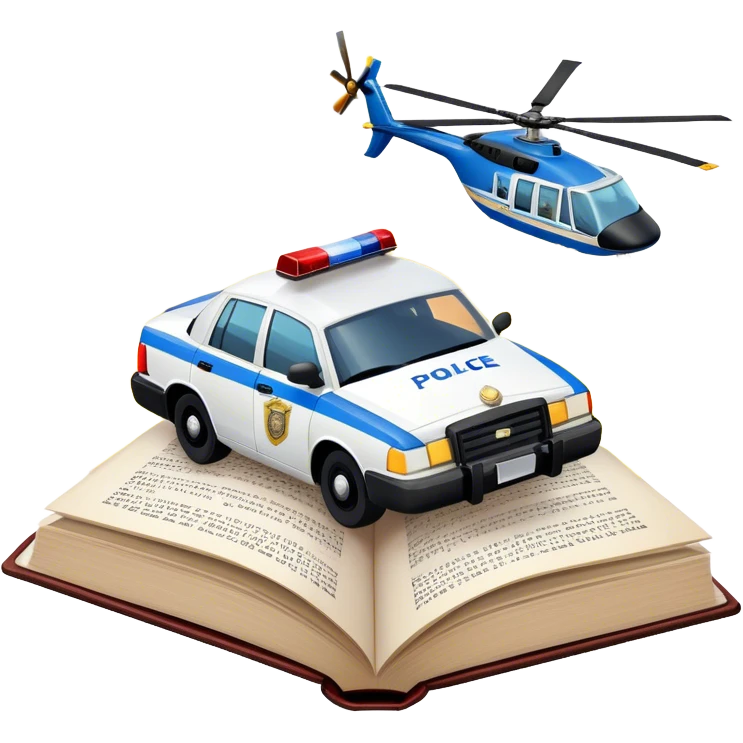 Icon for Action & Crime Reading: an open large book with text on the pages, a police car is driving out, with explosions behind, a helicopter flying above, a pistol with bullets in the front. The icon should capture the thrilling action and suspense of crime stories. Transparent background. emoji