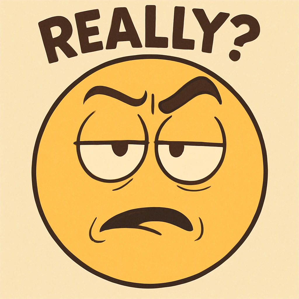 funny emoji of the word 'really', raised eyebrow, sarcastic expression, cartoon style emoji