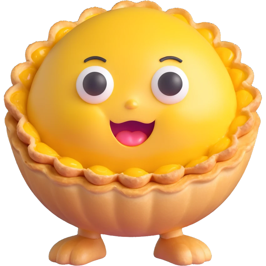 cute 3D egg tart character with golden crispy tart shell, jiggly custard face, big watery eyes, expressive cartoon mouth, pastel color palette, chubby cheeks, comical exaggerated emotion, soft lighting, glossy textures, kawaii style emoji