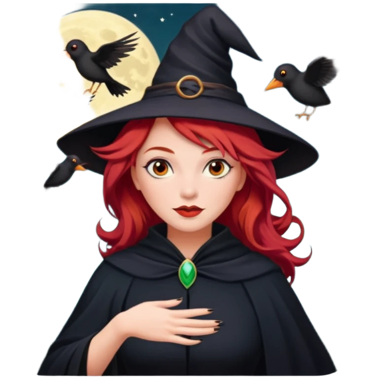 witch with red hair flying , on the background - full moon and black birds emoji