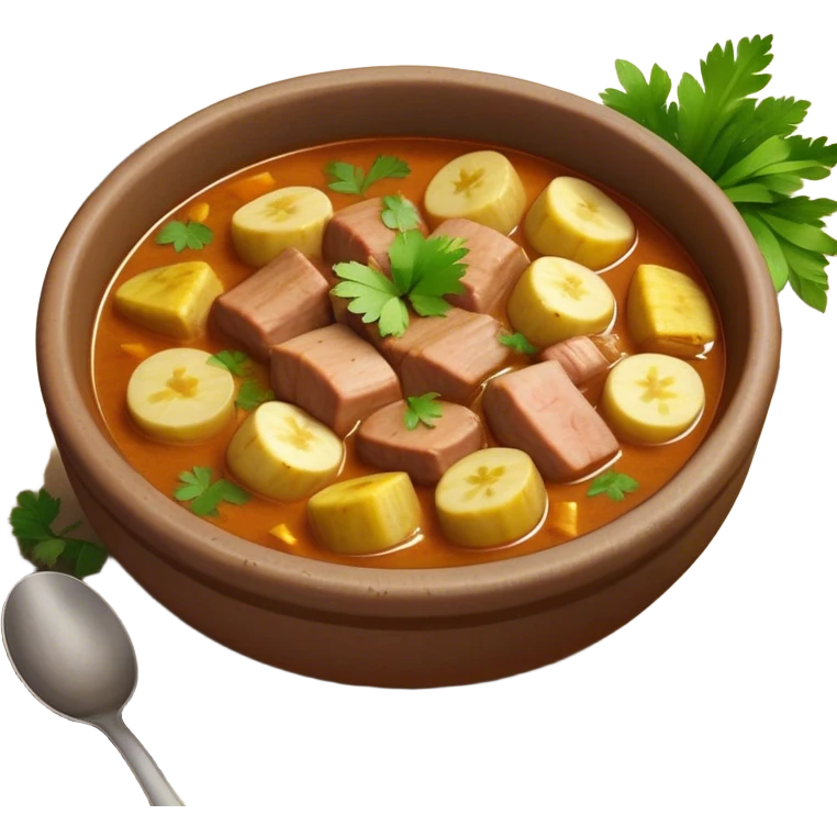 Cinematic Realistic Sancocho Antioqueño Emoji, depicting a hearty Colombian stew brimming with tender cuts of meat, yuca, plantains, corn on the cob, and potatoes in a rich, flavorful broth. Served in a rustic clay bowl with fresh cilantro and lime on the side, rendered with warm, inviting textures and homely, comforting lighting. emoji