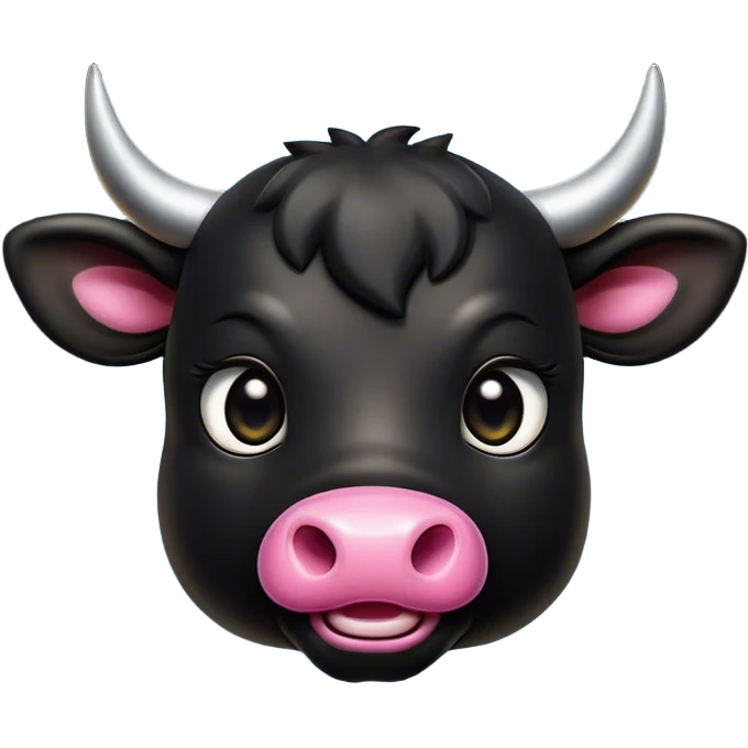 Cinematic Cute Black Bull Portrait Emoji, Head tilted playfully and inquisitively, featuring a glossy, robust black hide with a striking sheen, round, sparkling dark eyes filled with gentle curiosity, Simplified yet irresistibly adorable features, highly detailed, glowing with a warm, friendly glow, high shine, affectionate and imposing, stylized with a touch of rugged charm, bright and endearing, soft glowing outline, capturing the essence of a mischievous yet loving bull, so playful it feels like it could stomp out of the screen and into your arms! emoji