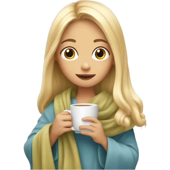 young girl with long blond hair sits drinking tea wrapped in a blanket emoji