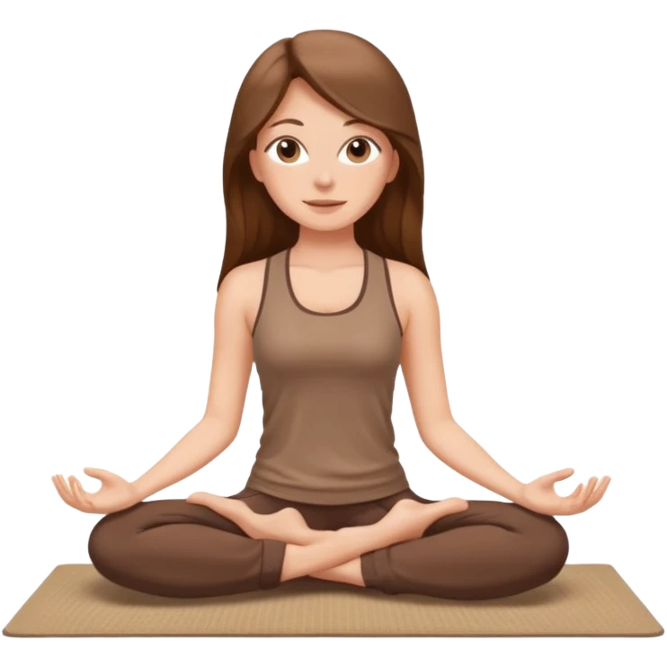 Brown long hair, white girl sitting on a beige rug doing yoga, brown clothes emoji