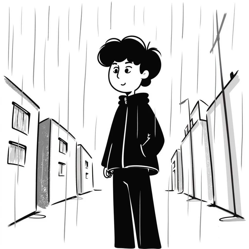 Anime boy protagonist standing in pouring rain, dramatic anime scene emoji