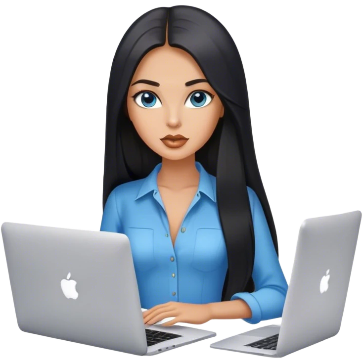 Glamours tanned very beautiful girl with pump nude lips and black straight smooth long hair, blue-grey eyes in beautiful clothing with MacBook. emoji