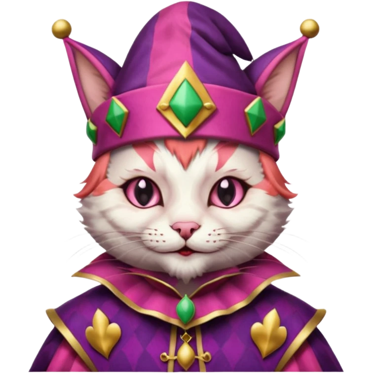 court jester cat medieval, single poker card joker clearly visible, pink, face only, court jester cap emoji
