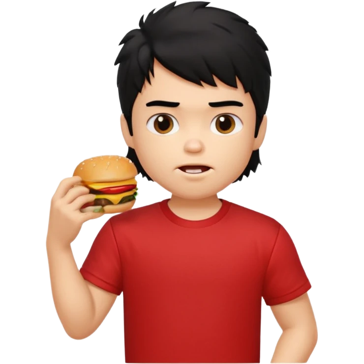 generate a pretty fair bratz boy with a messy mullet (black hair), wearing a red tshirt. eating a burger and fries, big biceps emoji