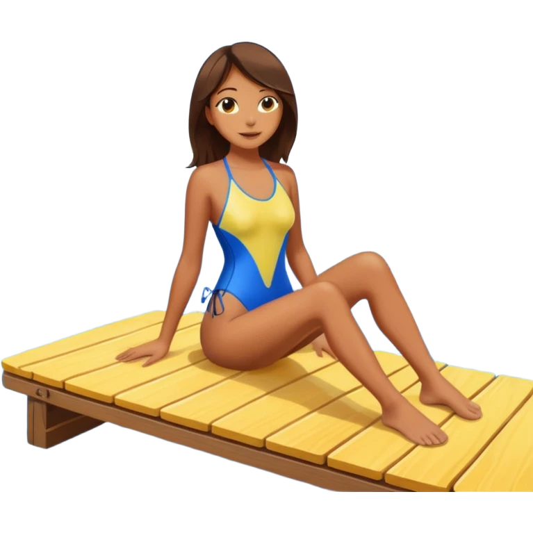 Girl tanning on a dock on the water with a sun in the sky emoji