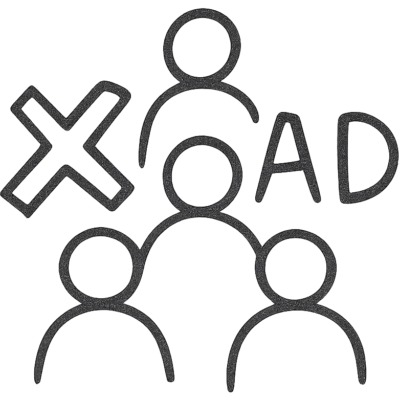 hand drawn black outline icon, symmetrical, a group of people arranged in a pyramid shape, with a large cross symbol and the word 'bad' behind them emoji