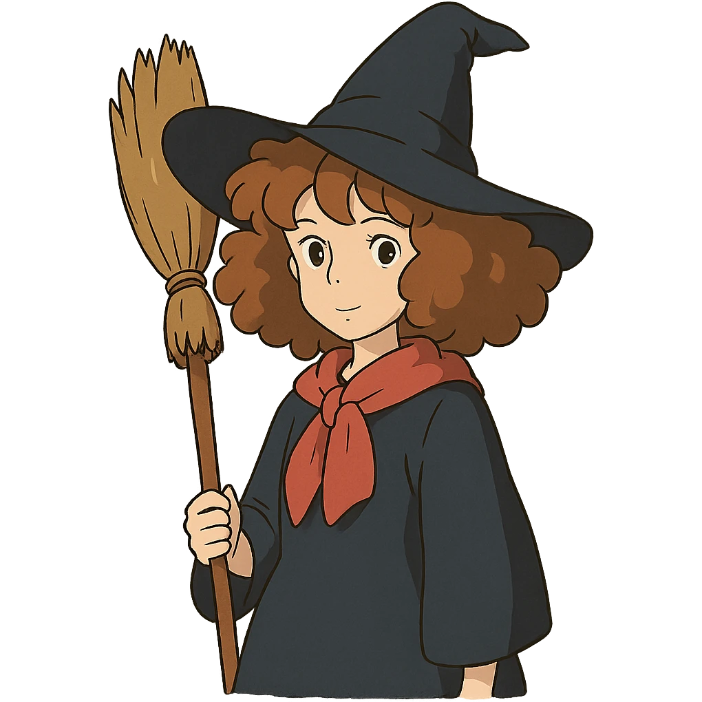 ghibli style witch with caramel brown curly hair emoji