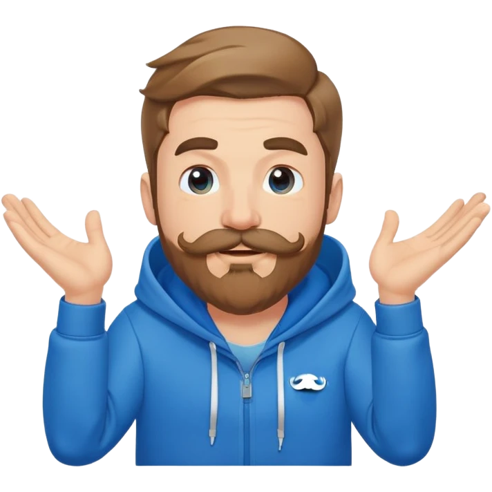 Mr. Beast wearing a blue hoodie, mustache and beard, winking playfully emoji