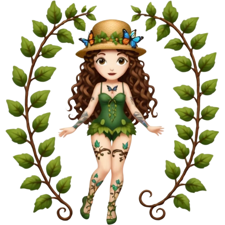 full body woman long curly brown hair brown eyes white skin tattoos wearing butterfly hat and glowing vine stockings emoji