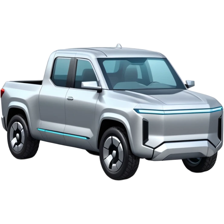 A futuristic electric pickup truck emoji, silver chrome body, angular cyber design, smooth metallic panels, subtle reflections, minimalistic proportions, iOS emoji style, centered composition, clean white background, soft lighting emoji